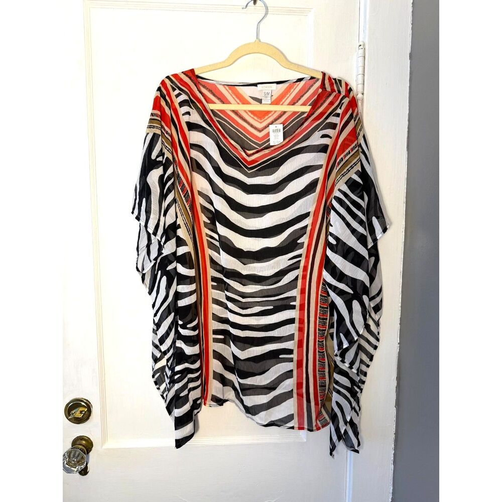 Chico's Abstract Zebra Sheer Poncho Tunic Beach Swim Cover Up Zebra Print